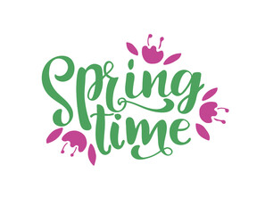 Hand drawn Spring time text as logotype, badge and icon. Postcard, card, invitation, flyer, banner template. Lettering typography. Season's Greetings