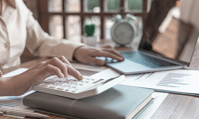 Financial or accounting professionals use a laptop to analyze the company's revenue-expenses graph to prepare for presentation to the chief executive and partner, businesswomen working.