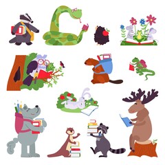 Smart animals. Wild animal with books, funny forest characters read. Isolated cartoon clever owl, raccoon snake, kids decent vector clipart. Illustration animal get knowledge from books, study smart © MicroOne