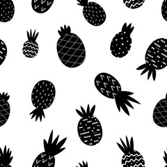 Black pineapple pattern. Exotic pineapples seamless texture. Doodle tropical fruits scandinavian, childish textile print vector background. Illustration fabric repeat with pineapple, fresh and healthy