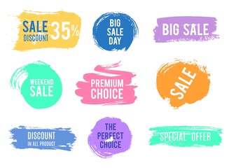 Grunge discount sale badges. Special offer banners, brush textured labels. Isolated promotional vector elements. Illustration discount price advertising, badge special and big sale