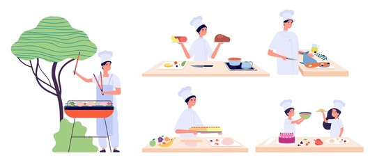 Fototapeta na wymiar Man cooking. Culinary characters, bbq chef. People and children eat, food preparation workshop. Picnic or restaurant, healthy meal cook vector set. Illustration chef cooking, kid and girl do culinary