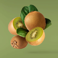 Fresh ripe kiwi falling in the air