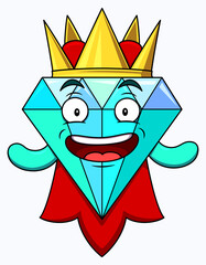 Diamond fantasy character with happy smiling face, golden crown and red cloak. Cute cartoon illustration of gemstone showing emotions. Crystal smiley character mascot isolated on white background.