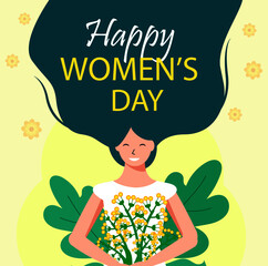 Happy  woman holding a bouquet of mimosa flowers. card, 8 of March banner