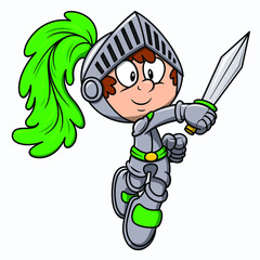 Cartoon vector knight illustration. Cute kid knight with sword and green feather on helmet. Medieval armor costume. Chivalry soldier with happy face and smile. Isolated on white background.