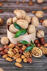Nuts on wooden background