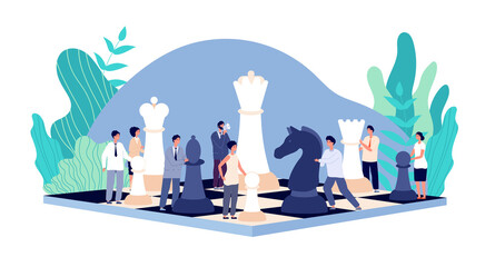 Chess game. Chess board, strategy tactics and cooperation. People holding rook queen pawn. Management competition vector. Chess battle business, intelligence leisure and strategic illustration