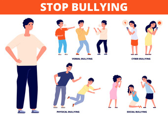 Stop bullying. Aggressive bully, school conflict harassment and verbal hate. Cyberbullying, physical violence or bad behavior vector. School harassment, bullying stop, social conflict illustration