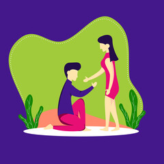 A man squats in front of a woman to seduce