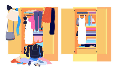 Wardrobe mess. Messy cloth, before after home clothes organization. Open cabinet clutter, tidy untidy fashion interior utter vector concept. Illustration untidy pile and mess wardrobe