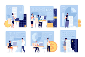 Accounting and taxes. Audit application, tax form or refund money. Financial consulting, business account and payment documents utter vector set. Business tax finance, accounting service illustration