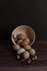 Easter. Painted eggs for Easter. Low key. Vertical format. Selective focus