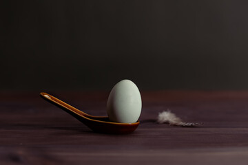 Easter. A colored egg lies on a spoon. Low key.