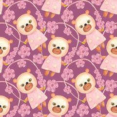 Bear cub and pink flowers. Seamless pattern with purple background. the bear cub jumps on a rope. The illustration is hand-drawn in wa It can be used for children's fabrics, packaging paper, pictures,