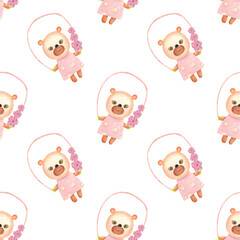 A little bear jumping on a rope. Seamless pattern with white background. The illustration is hand-drawn in watercolour. 