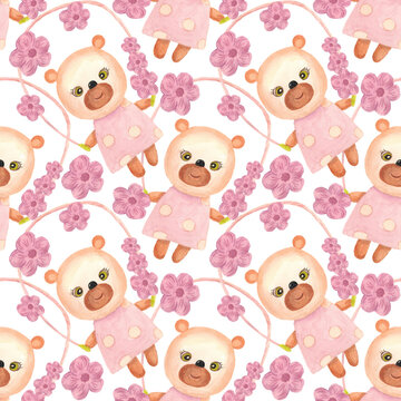 Bear cub and pink flowers. Seamless pattern with white background. the bear cub jumps on a rope. The illustration is hand-drawn in watercolour. It can be used for children's fabrics, packaging paper,