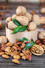 Nuts on wooden background