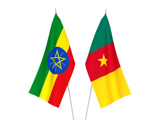 National fabric flags of Ethiopia and Cameroon isolated on white background. 3d rendering illustration.