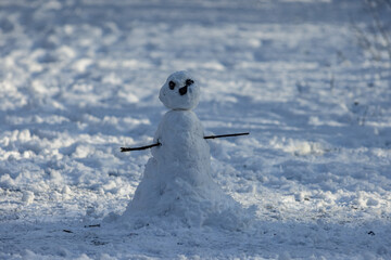 small snowman with stick arms and black eyes