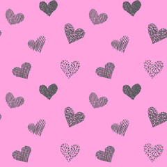 Seamless pattern with hand drawn hearts in doodle style. Pink and grey colors. Valentine's day love and wedding texture background. Beautiful print for textile, cards, gift wrap, design and decor