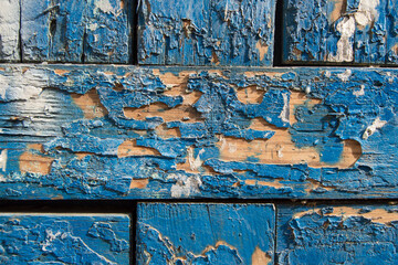 Cracking and peeling blue paint on a wooden wall. Vintage wood background with blue peeling paint