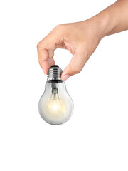 hand holding light bulb isolated on white background