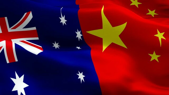 Australian and Chinese flag waving video in wind footage Full HD. Australian vs Chinese flag waving video download. China Flag Looping Closeup 1080p Full HD 1920X1080 footage. Australia Chinese countr