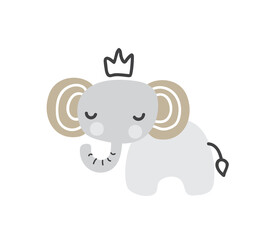 Cute kids elephant with crown. Scandinavian style. Baby illustration. Design for birthday invitation or baby shower, poster, clothing, nursery wall art and postcard