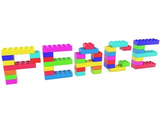 PEACE concept from colored toy bricks to white