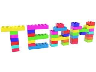 TEAM concept from colored toy bricks to white