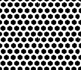 Seamless pattern of the hexagonal netting. Hand drawn geometry hexagon vector texture. Black and white abstract geometric background with imprints. Monochrome grunge retro pattern.