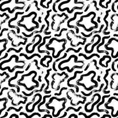 Hand drawn fluid shapes seamless pattern. Black vector ink illustration. Wave grunge lines, liquid shapes in Memphis style. Organic and bio ornament, hand painted abstract texture, dry brushstrokes. 