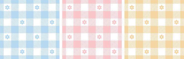 Gingham pattern set. Floral checked plaids in blue, pink, yellow, white. Seamless pastel vichy tartan backgrounds with small flowers for tablecloth, dress, or other Easter holiday textile design. - 408285494