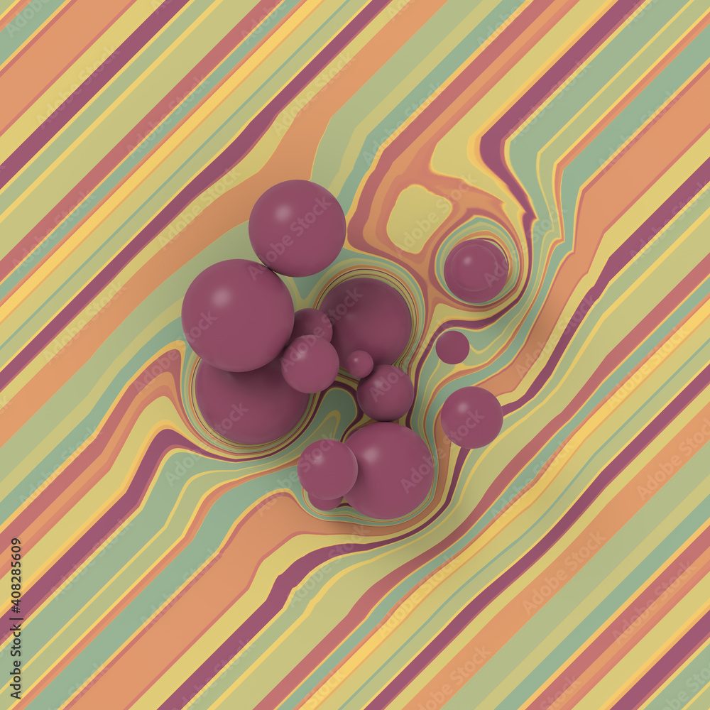 Aufkleber Group of violet balls on a multi colored striped surface. 3d rendering digital illustration. Graphic design element