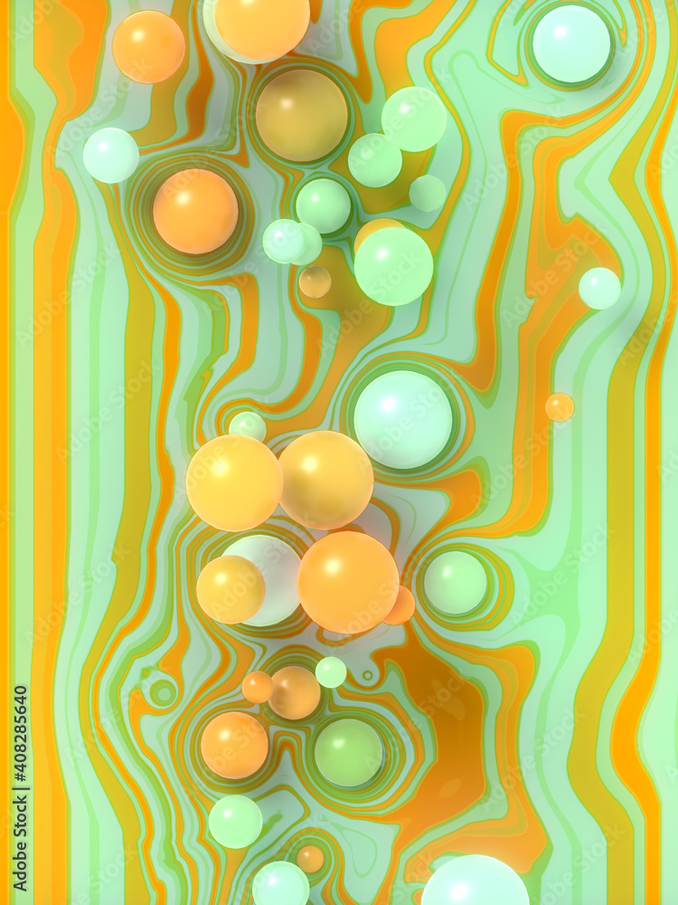 Poster group of multicolored spherical shapes on a striped background. 3d rendering pattern. modern digital