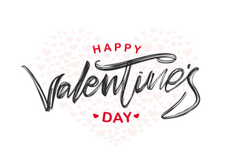 Handwritten brush type ink lettering of Happy Valentines Day on white background.