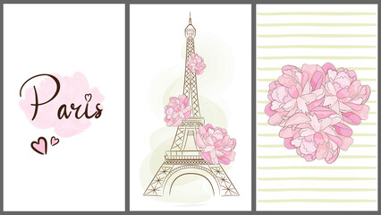 Fototapeta na wymiar Cards with Paris symbols. Eiffel Tower. Peony. Vector illustration.