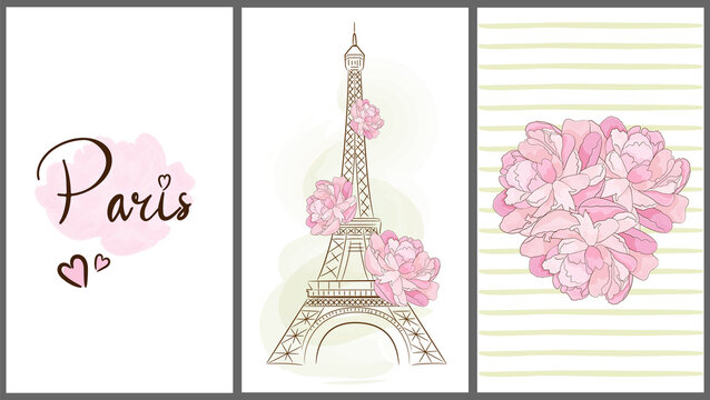 Cards with Paris symbols. Eiffel Tower. Peony. Vector illustration.