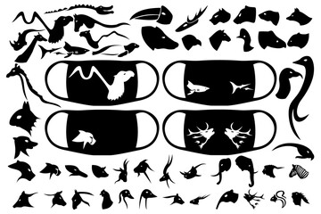 Large set of stylized animals. Vector set of prints for masks and other purposes.