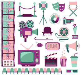 Retro style set of cinema icons: video camera; movie ticket; clapper board; directors seat; film; megaphone; popcorn; countdown screen. Vintage symbols in flat style isolated on white for making movie