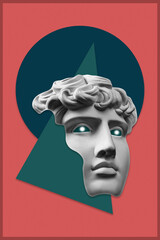 Collage with plaster antique sculpture of human face in a pop art style. Modern creative concept image with ancient statue head. Zine culture. Contemporary art poster. Funky minimalism. Retro design.