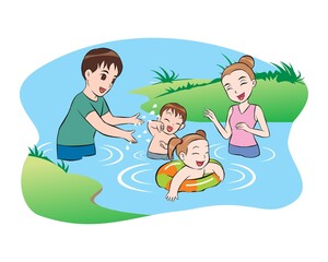 Obraz na płótnie Canvas Dad and mom watching kids ensuring safety. Summer holidays recreation. Happy girl boys children enjoying safe river water swimming. vector illustration isolated cartoon hand drawn