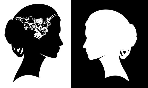 elegant bride profile portrait decorated with rose flowers - beautiful woman head silhouette set
