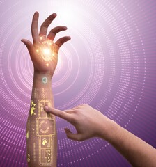 Human robotic hand in futuristic concept
