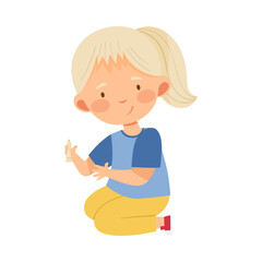 Blond Girl Holding Chessman or Chess Piece with Hand Vector Illustration
