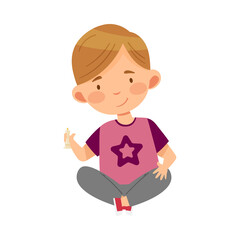 Smart Boy Holding Chessman or Chess Piece with Hand Vector Illustration