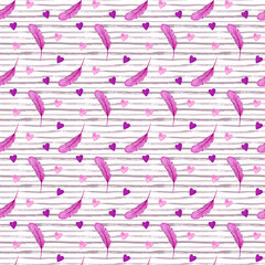 Seamless pattern with pink feathers and purple hearts on stripped white and grey background. Romantic hand painted watercolor illustration. Valentines day wrapping paper, fabric, textile designs.