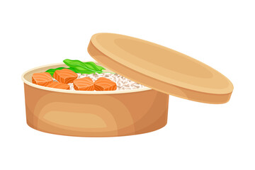 Round Carton or Cardboard Eco Package with Rice and Salmon Inside Vector Illustration