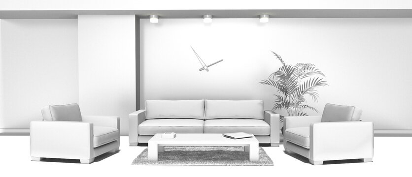 3d Hotellobby mit Sofaecke, Tisch und Palme in schwarz und wei&szlig;